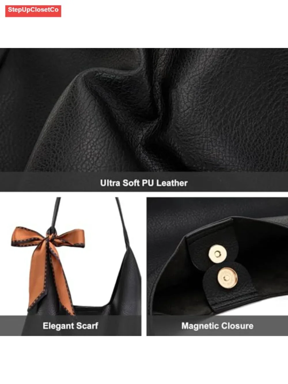 Slouchy Hobo Bag for Women Shoulder Purse with Scarf Faux Leather